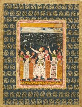 A prince and a consort admiring a tree in bloom and a monkey,?
Revival style, Northwestern India, modern,?

On paper, mounted on embroidered text