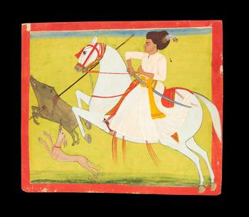 An equestrian portrait of a young nobleman hunting,?
Marwar, Rajasthan, North India, 18th century,?

Opaque pigments on paper, facing left, on a
