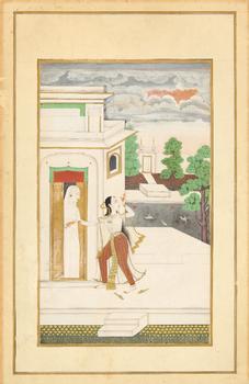 An illustration to a Ragamala series : Madhumadhavi ragini of Hindola raga
Hyderabad, Central India, second half 18th century,?

Opaque pigments h