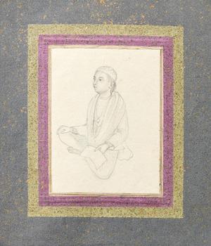 A young Muslim boy reciting the Qur'an,?
India, Benares, circa 1860

pencil on paper, a seated boy with his legs crossed, his hands out in prayer,