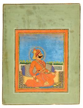 An illustrated detached folio : a seated portrait of Rao Bishan Singh of Bundi (1804-21),?
Kishangarh, India, circa1810,?

Opaque pigments height