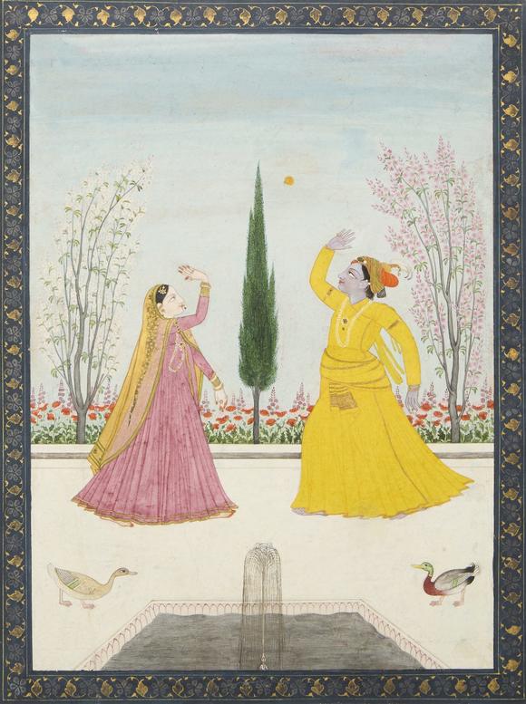 RoseberysKrishna and Radha playing with a marigold,?
Kangra or Guler, North India, 18th century,?

opaque pigments heightened with gold on paper, on a ter