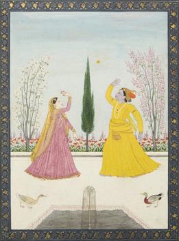 Krishna and Radha playing with a marigold,?
Kangra or Guler, North India, 18th century,?

opaque pigments heightened with gold on paper, on a ter