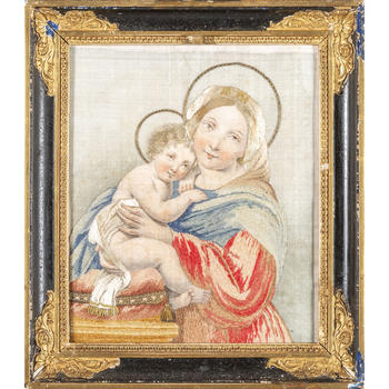 Madonna con Bambino, ricamo su seta con fili