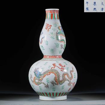 大清 康熙年制款 五彩 龍鳳紋 葫蘆瓶