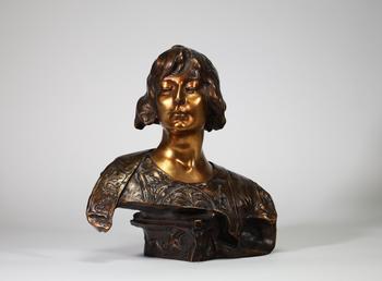 Paul Fran?ois BERTHOUD (1870-1939), buste de jeune femme en bronze à patine dorée et brune, de style Art nouveau, le visage aux traits doux surmontant