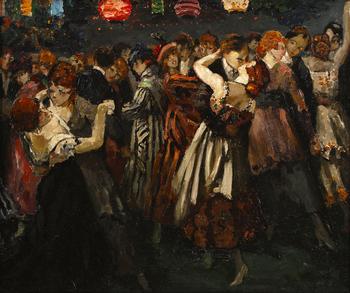 Ernest MARNEFFE (1866-1921), Le Bal, huile sur toile représentant une scène mondaine animée où élégants couples de danseurs évoluent sous des lanterne
