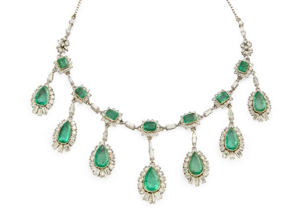 RoseberysAn emerald and diamond fringe necklace,?designed as a row of octagonal step-cut emerald and brilliant-cut diamond clusters joined by baguette-cut dia