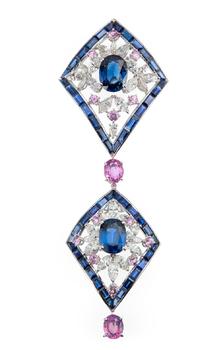 A sapphire, diamond and pink sapphire pendant, composed of two lozenge shaped cluster panels, each panel with central single oval mixed-cut sapphire i