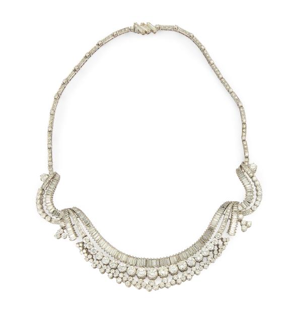 RoseberysA diamond necklace,?of garland design, the front half with a row of claw-set graduated baguette-cut diamonds with a row of graduated brilliant-cut di