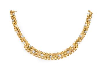 Kutchinsky. A diamond set necklace, designed as two rows of textured floral panels with brilliant-cut diamond centres, and brilliant-cut diamond flora