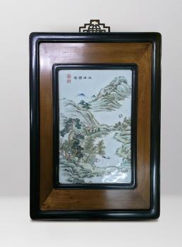 清末民初  汪有棠繪漁舟獨(dú)釣圖瓷板紅木掛屏