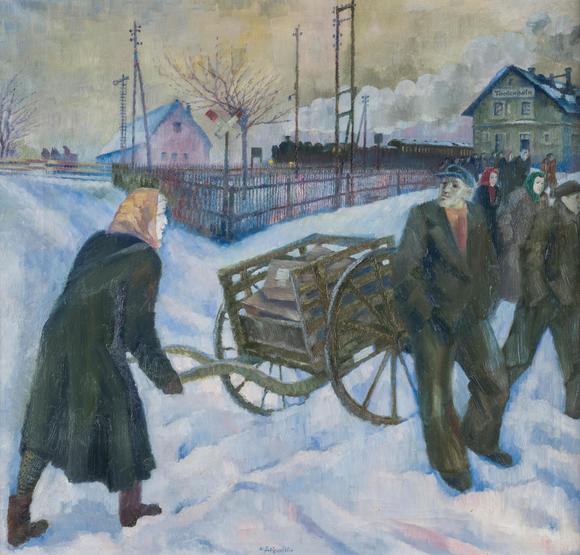 Hargesheimer Kunstauktionen DüsseldorfCONRAD FELIXMüLLER – 'BAHNHOF TAUTENHAIN, FR?ULEIN KRASSELT MIT POSTKARRE' (1958)