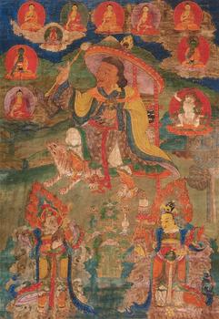 An early Tibetan thangka of Dharmatala. Distemper and gold on cotton. 16th century