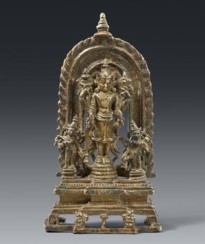 A small Pala copper and brass alloys altar of Vishnu. Northeastern India. 12th century or slightly later