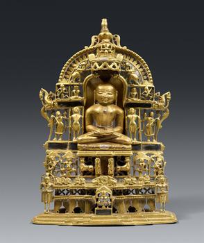 A large Gujarati brass and silver inlay Jain altar of tirthankara Chandraprabha. India. Dated 1568