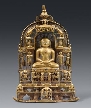 A Gujarati silver and copper inlaid brass Jain altar. India. 16th century