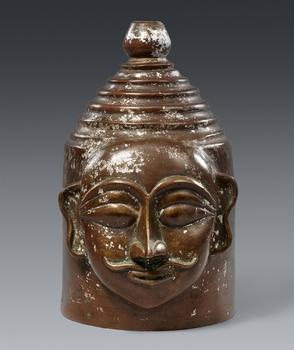 A rare Maharashtra brass alloy Khandoba mask. Dated Samvat 1881 (1824)