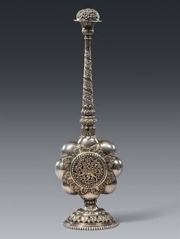 An attractive Indian silver repoussé rose water sprinkler. 19th century