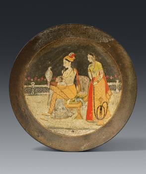 A rare Indian patinated grey metal alloy dish with a miniature painting. Punjab Hills. 19th century