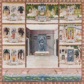 A small Nathadwara pichhvai. Opaque pigments and gold on textile. India, Rajasthan. Early 20th century