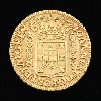 Brésil, Jo?o V (1724-1750), 20.000 reis en or, 1726, Minas Gerais, tranche feuillagée, diam. 3,87 cm, 53,3 g.