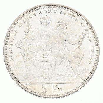 Tir Fédéral de Lugano, 1883, écu de tir (5 francs) en argent, tranche striée, diam. 3,7 cm, 25 g.