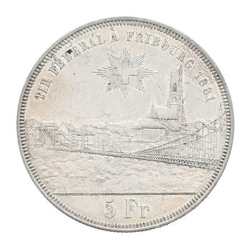 Tir Fédéral de Fribourg, 1881, écu de tir (5 francs) en argent, tranche cannelée, diam. 3,7 cm, 24,97 g.