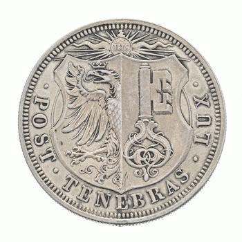 République et Canton de Genève, 5 francs 1848 en argent, tranche cannelée, frappée à 1176 exemplaires, diam. 3,7 cm, 25,9 g.