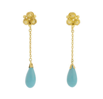 Paire de pendants d'oreilles or 585 granulé et filigrané retenant des gouttes de turquoise
