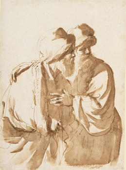 Giovanni Francesco Barbieri, dit Guercino (1591-1666),  Deux hommes barbus regardant à droite , encre brune et plume/papier, 24,9x17,8 cm