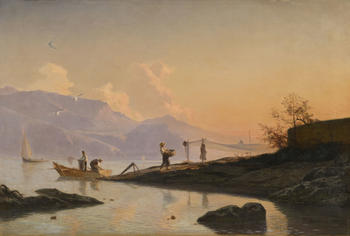 Fran?ois Bocion (1828-1890),  La pose des filets pour la pêche , 1861, huile sur toile, signée et datée, 56x82 cm