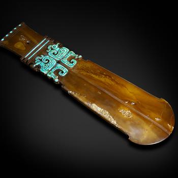 Warring States Period, Turquoise-inlaid Jade Yue with Phoenix Pattern