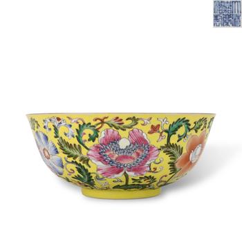 Qing Dynasty Jiaqing period, Yellow-ground famille rose bowl with passion flower patterns