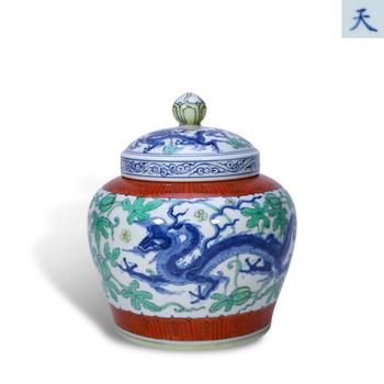 Ming Dynasty Chenghua Period,Doucai "Tian" Jar with Kui Dragon and Melon Vines Motifs