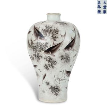 Qing Yongzheng period, Ink-Color Plum Vase with Fish and Algae