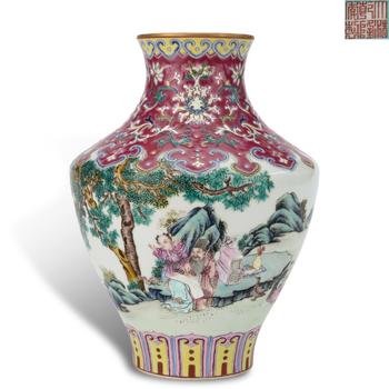 Qing Qianlong period, Famille Rose Zun Vase with Figural Panel and Poem Inscription