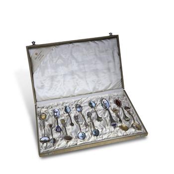 Early 20th Century, Set of Gilt Silver Enamel Small Spoons with Original Case

