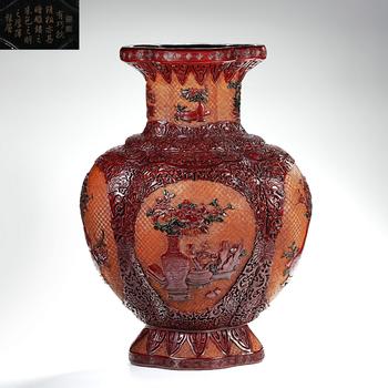 Red Lacquer Carved Antique Pattern Flat Vase