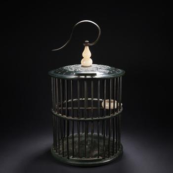 Hetian Spinach Green Jade Inscribed Dragon-Form Bird Cage