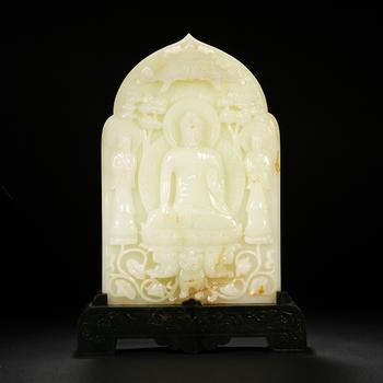 Three Hetian White Jade Buddhist Statues with Spinach Green Jade Base