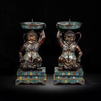 Pair of Bronze Cloisonné Enamel Candelabra with Central Asian (Hu) Figure Motif