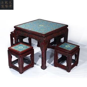 Qing Dynasty Set of Red Lacquer Carved and Cloisonné Enamel Inlaid Landscape and Figure Story Square Table and Chairs