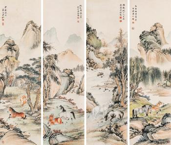 溥佐（1918-2001）、溥伒（1893-1966）、溥僩（1901-1966）、溥佺（1913-1991）?八駿圖四屏