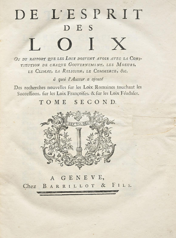 Piguet - H?tel des VentesMONTESQUIEU.  De l’Esprit des loix. Genève : Barrillot (sic) & fils, (1748).  2 vol. in-4° reliés plein veau moucheté reliure d'époq