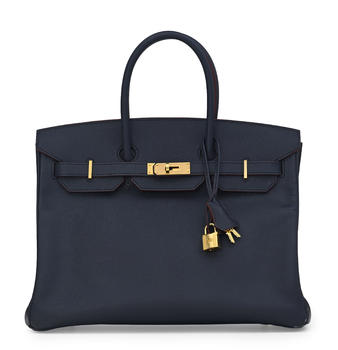 Hermès, sac Birkin 35 Contour en cuir Epsom bleu Indigo et finition rouge, 2016 éd. limitée, tirette et clochette avec 2 clefs et cadena