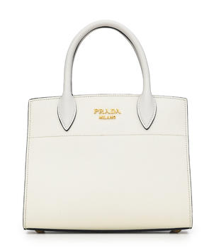 Prada, sac City mini Bibliothèque en cuir saffiano blanc avec soufflet rose, bandoulière