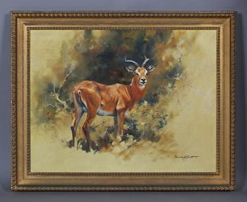 Donald Grant (British 1924-2001) - Impala in a landscape, oil on can