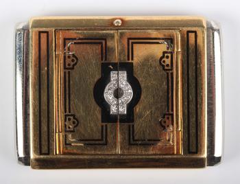 An Art Deco Kreisler gold, black enamel and diamond set purse watch,