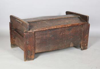 A rare 16th century boarded oak clamp-front ark or meal chest, the d